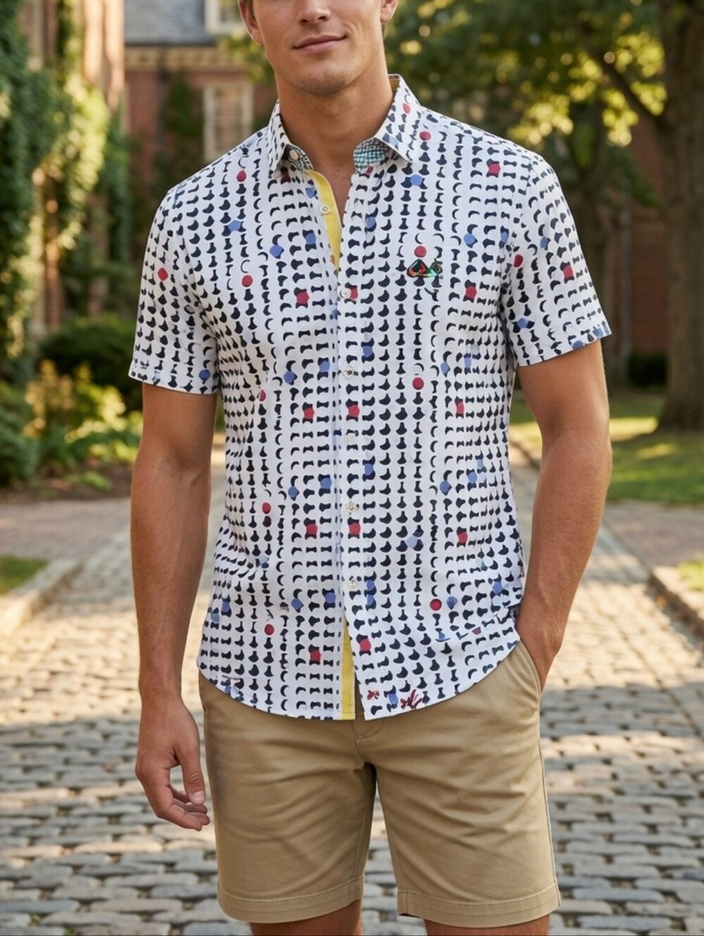 Robert Graham Button Up Shirt Men Medium White Multicolor Geometric Short Sleeve